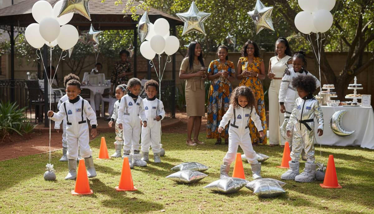 Astronaut training station with cones and space party decor