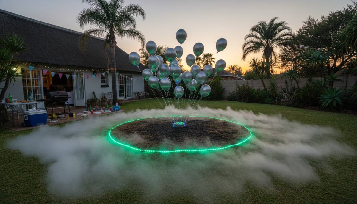 A backyard UFO landing zone party setup with green lighting and silver balloons
