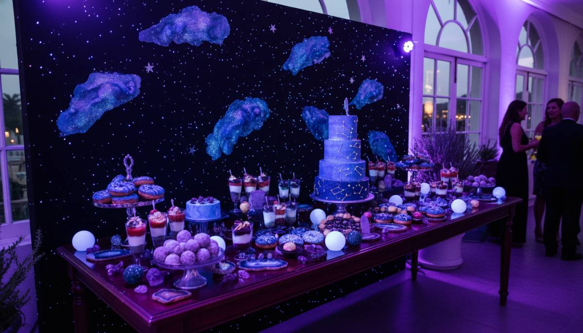 A neon galaxy dessert table glowing under UV light