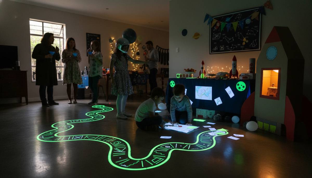 Glow tape path for a black hole party activity