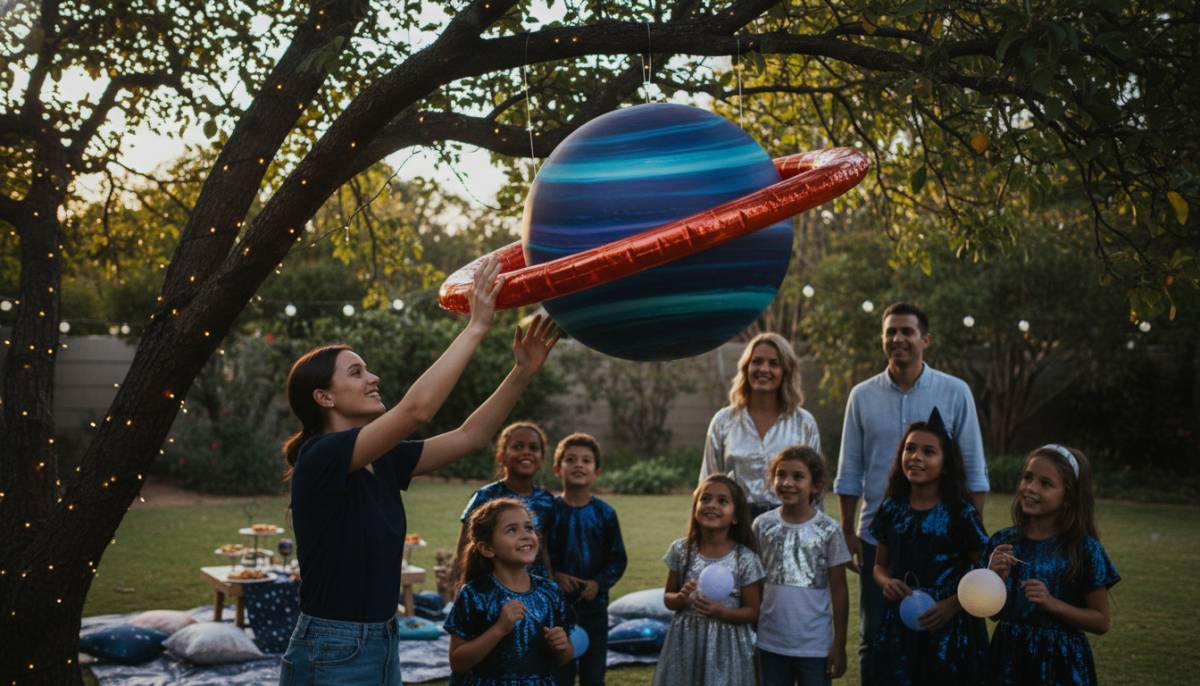 Outdoor planet hunter birthday party with hanging planets and children searching with clipboards
