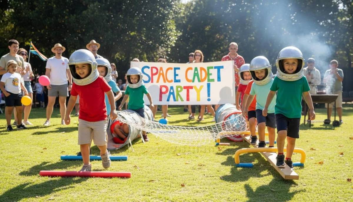 Children doing astronaut training obstacle course with silver helmets
