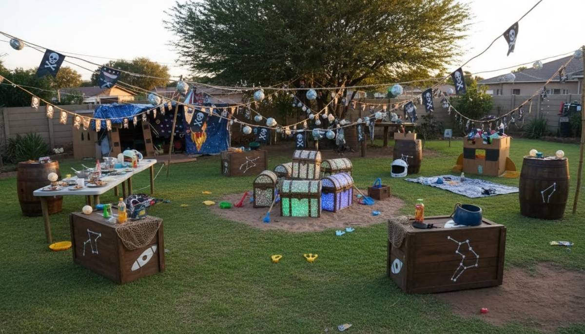 Children enjoying a space pirate treasure hunt with glowing treasure boxes