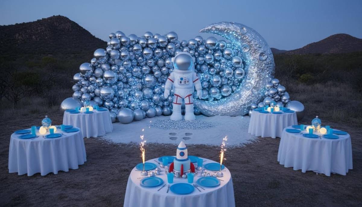 Moon landing birthday party setup with astronaut footprints and blue lighting