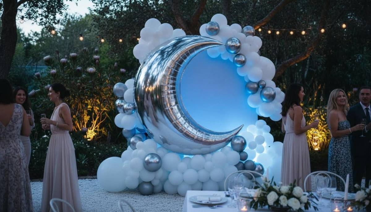 Blue lighting on a silver moon party backdrop