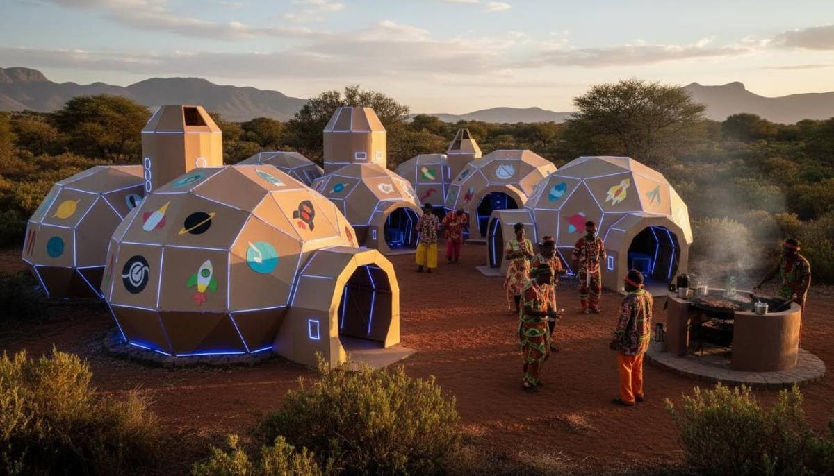DIY cardboard habitat pods with blue LED lighting for a space colony party