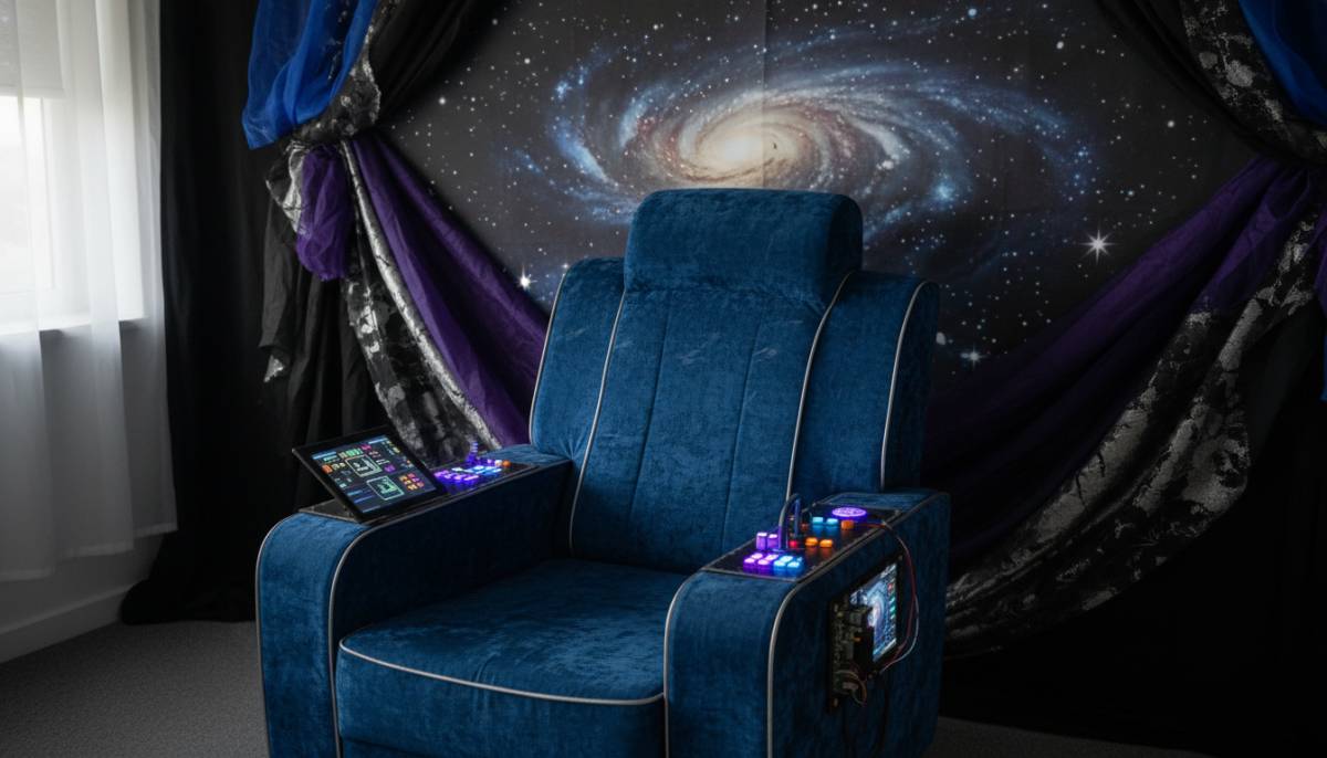A starship captain chair with LED console buttons against a dark galaxy wall