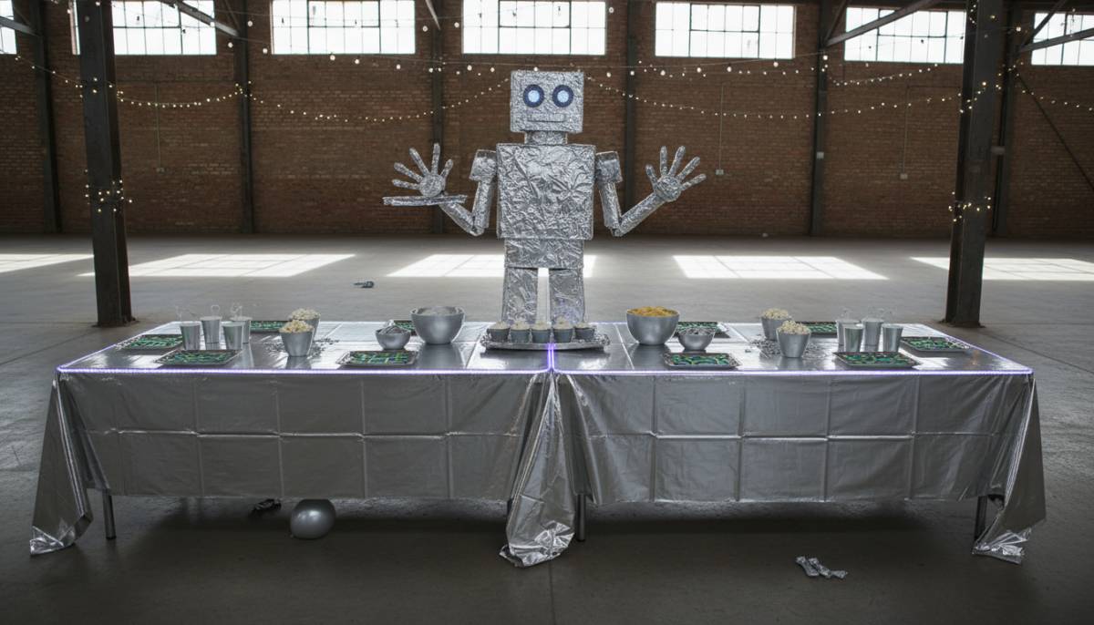 Robot and AI future world birthday table with silver decor and LED lighting