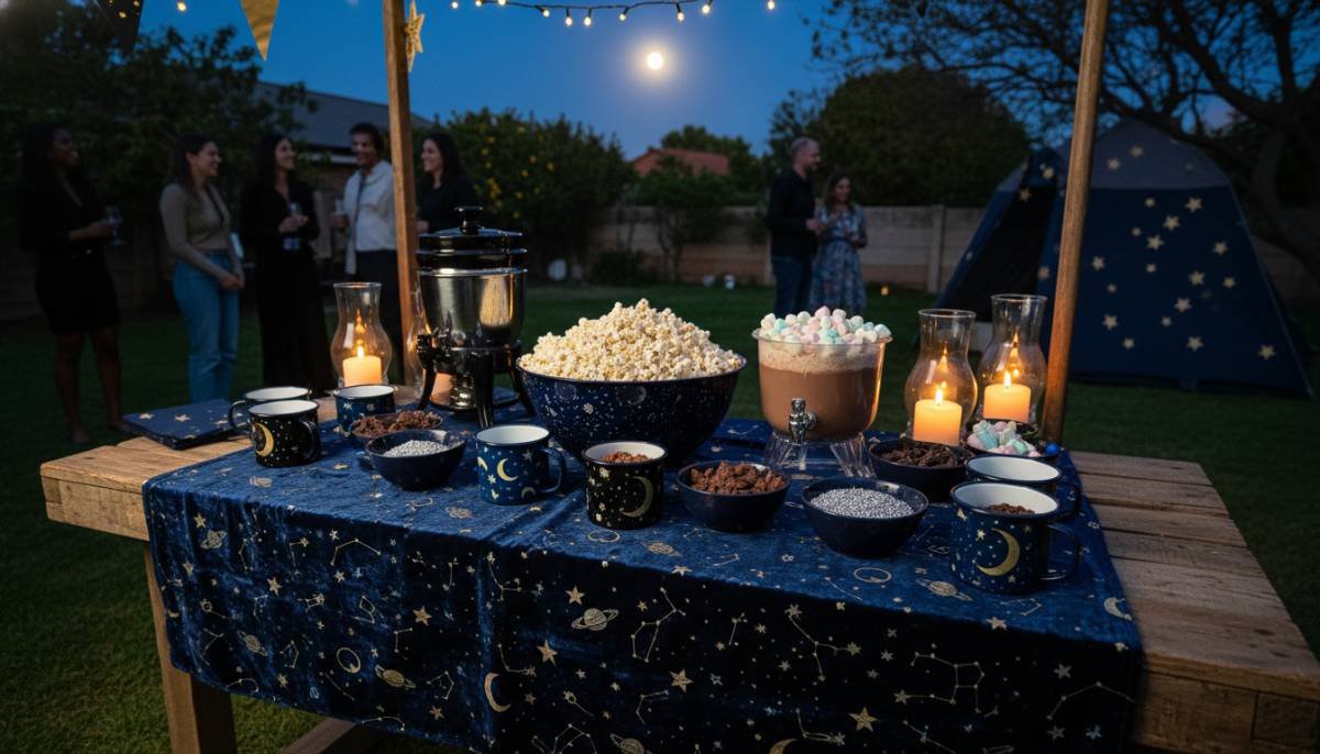 Space camp snack station with hot chocolate and popcorn