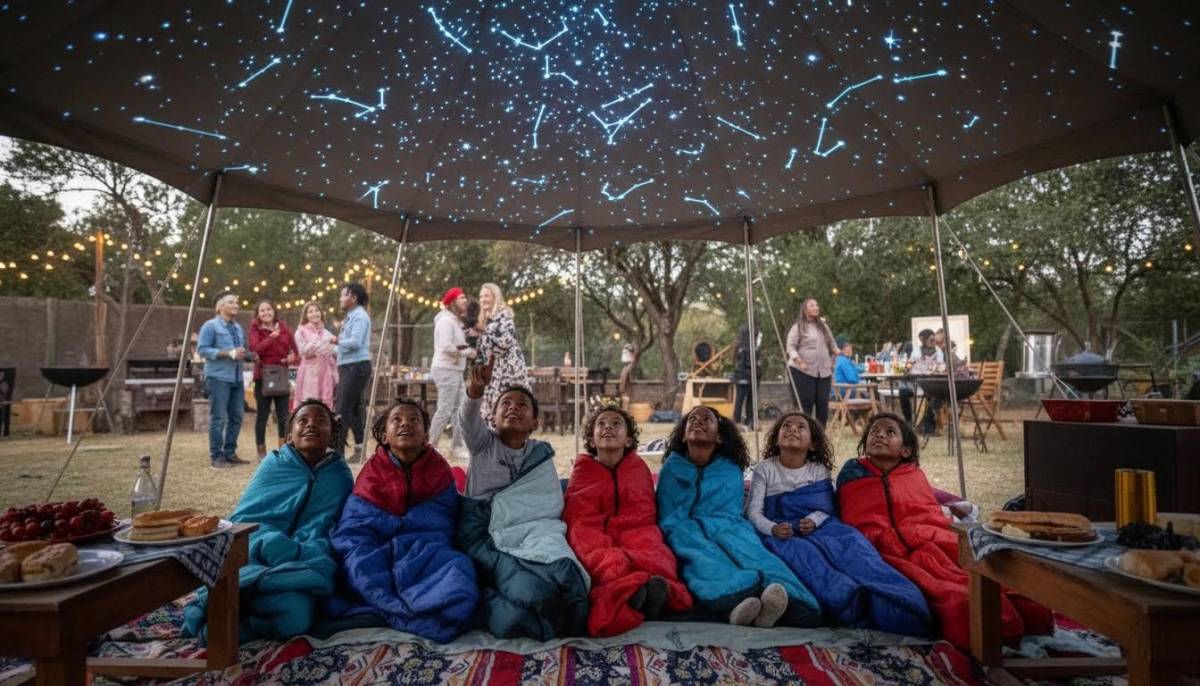 Children watching projected stars during an indoor space campout