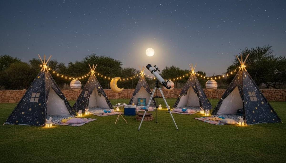 Backyard space explorer campout with tents and telescope