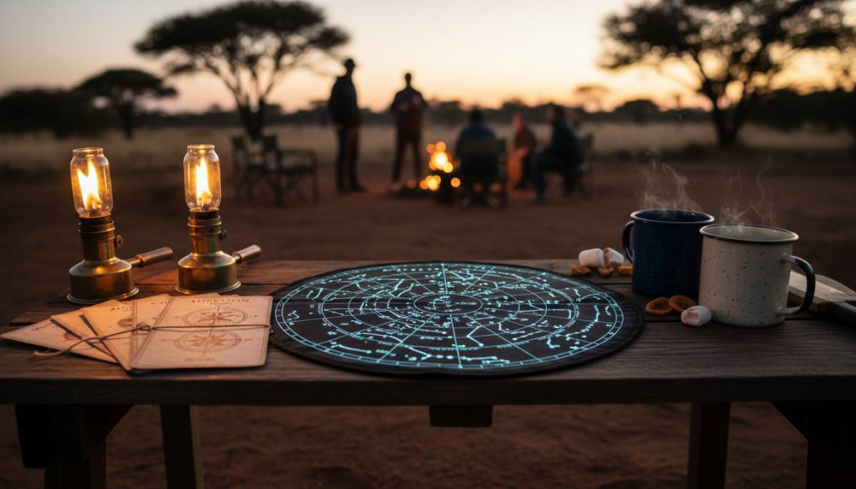 Space campout mission table with star maps and torches