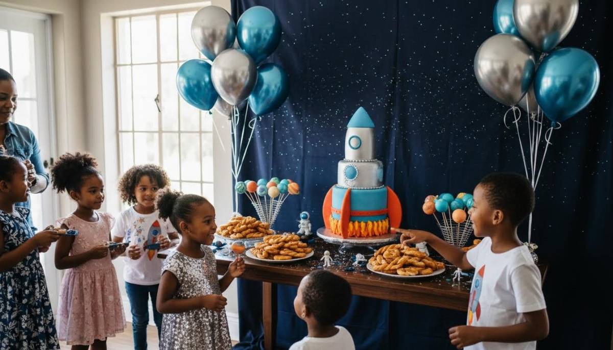 Cosmic dessert table with rocket cake and South African treats