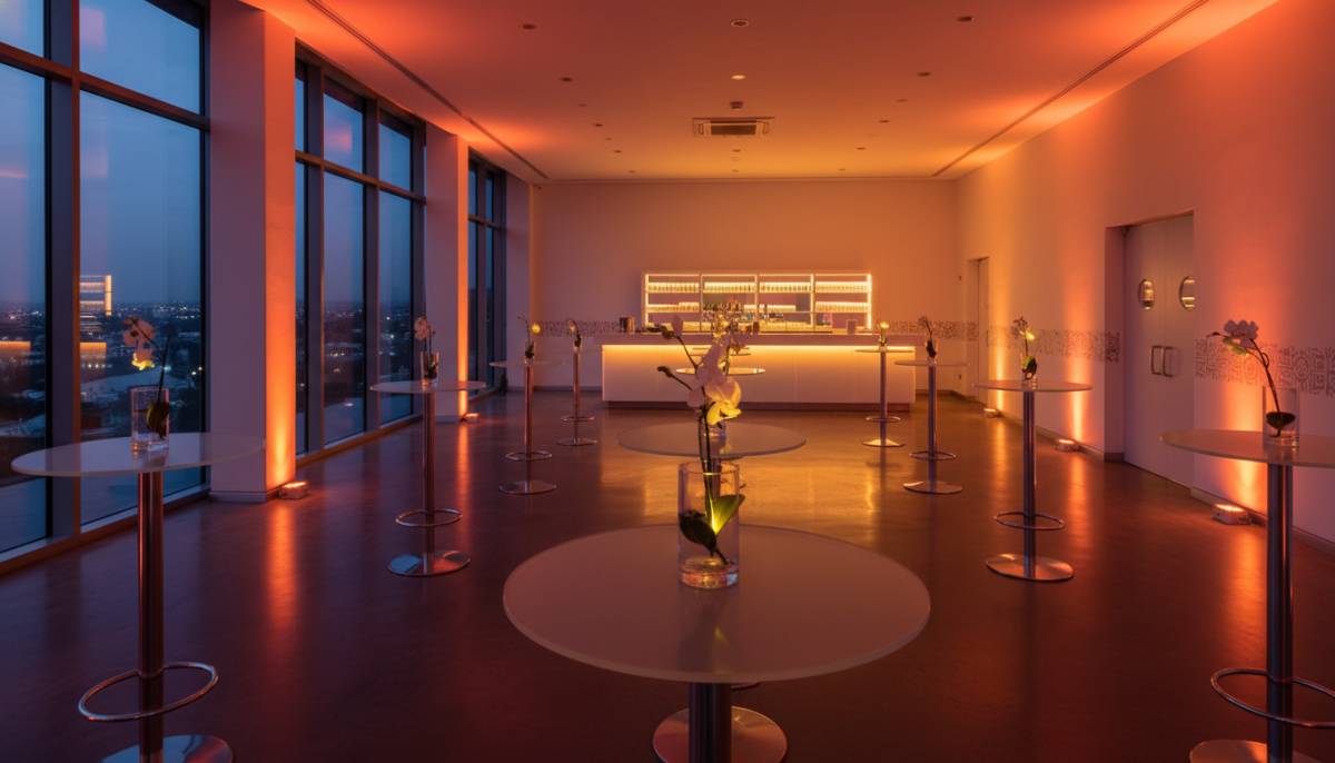 Empty launch venue with coloured lighting and cocktail tables