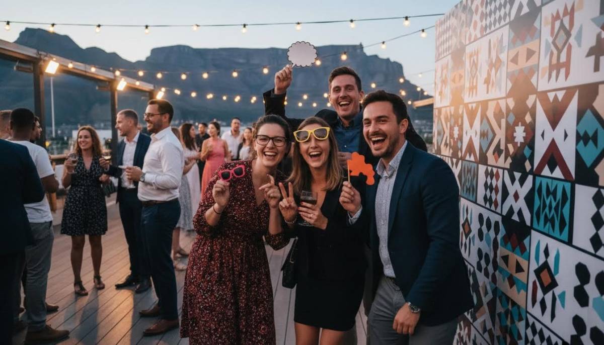 Guests using a branded photo booth at a launch