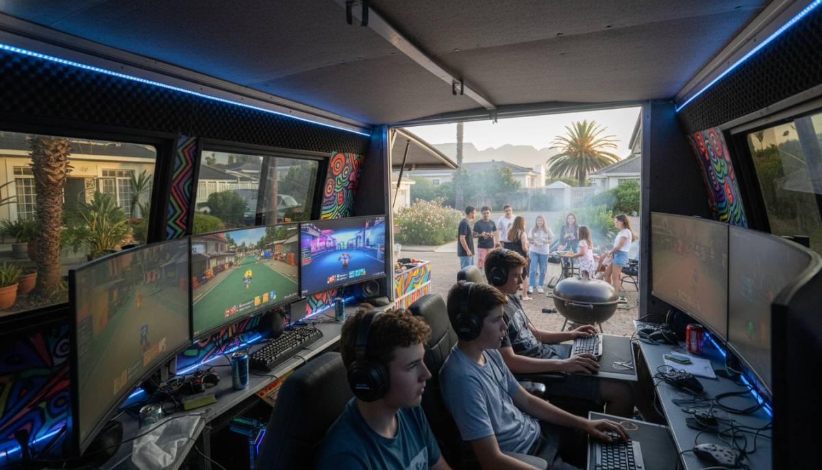 Older kids playing games in a mobile gaming truck