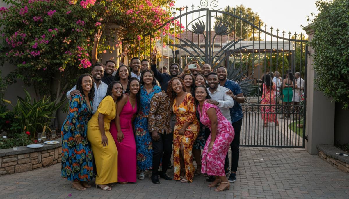 Friends taking a group photo at a house farewell