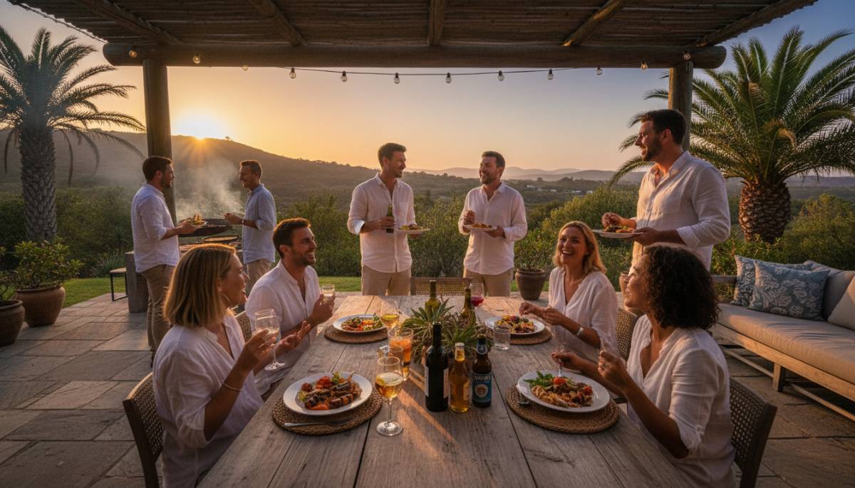 Guests chatting on a patio during a moving party