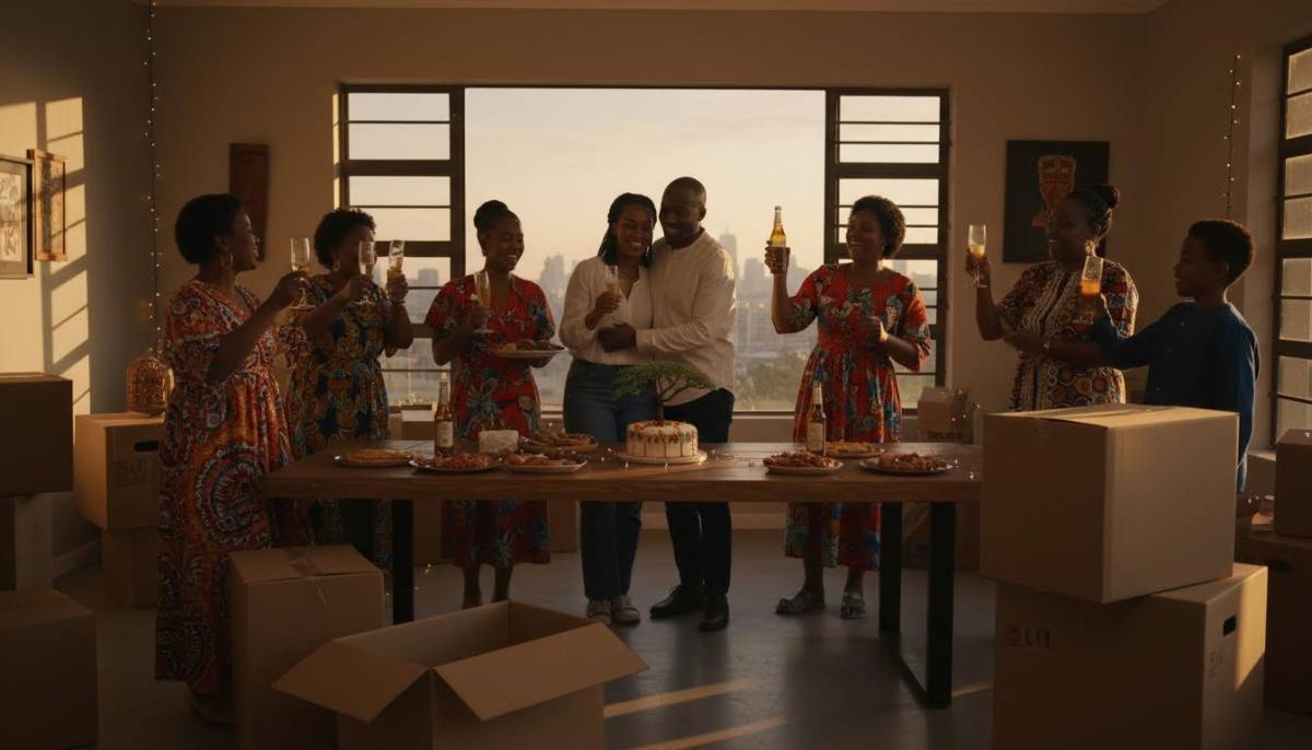 Family celebrating in a new home
