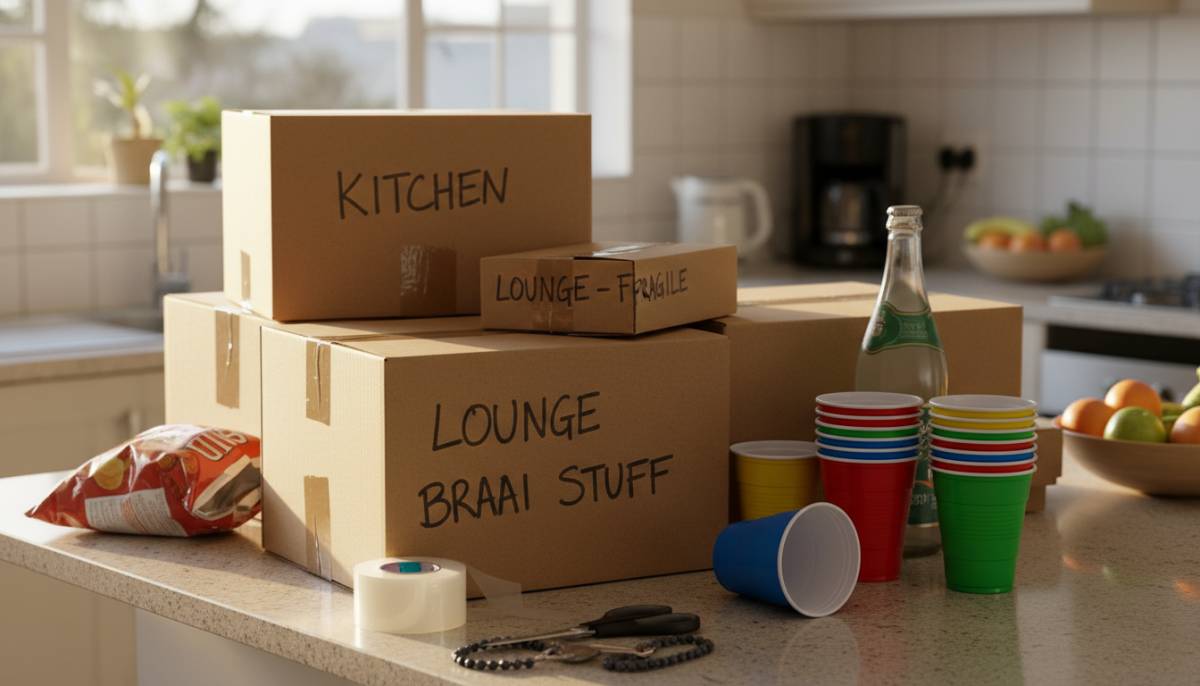 Moving party planning items on a kitchen counter