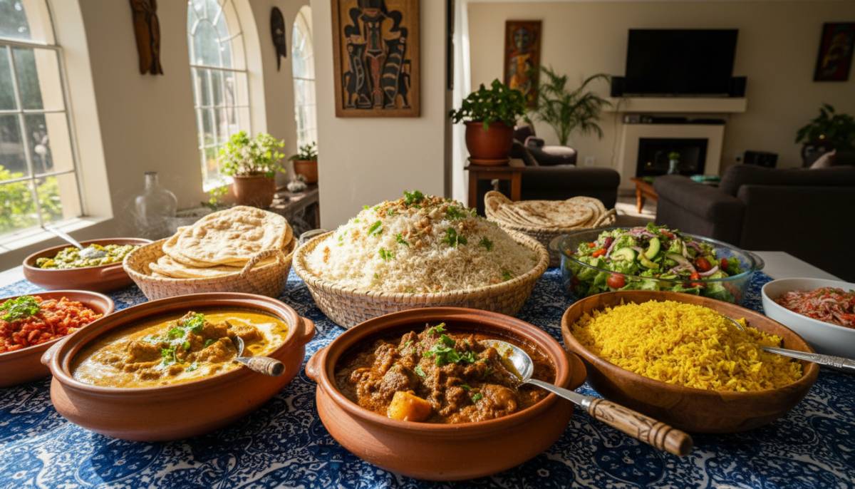 Buffet table for a moving party meal