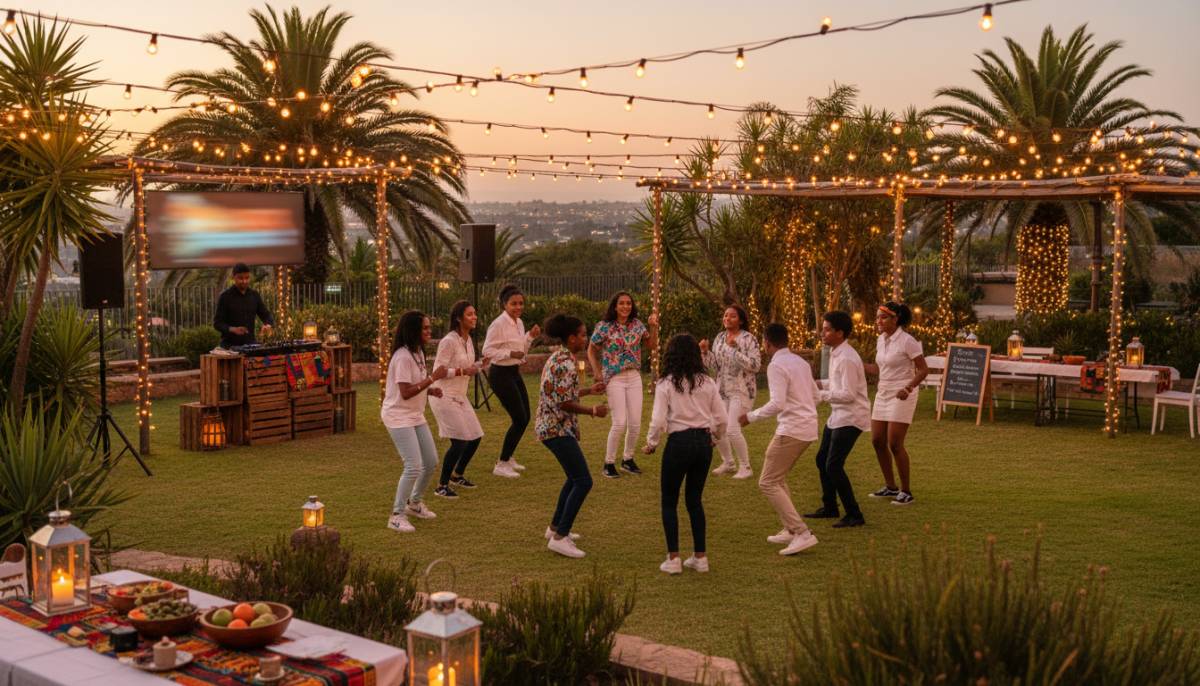 Outdoor evening party with string lights and dancing.