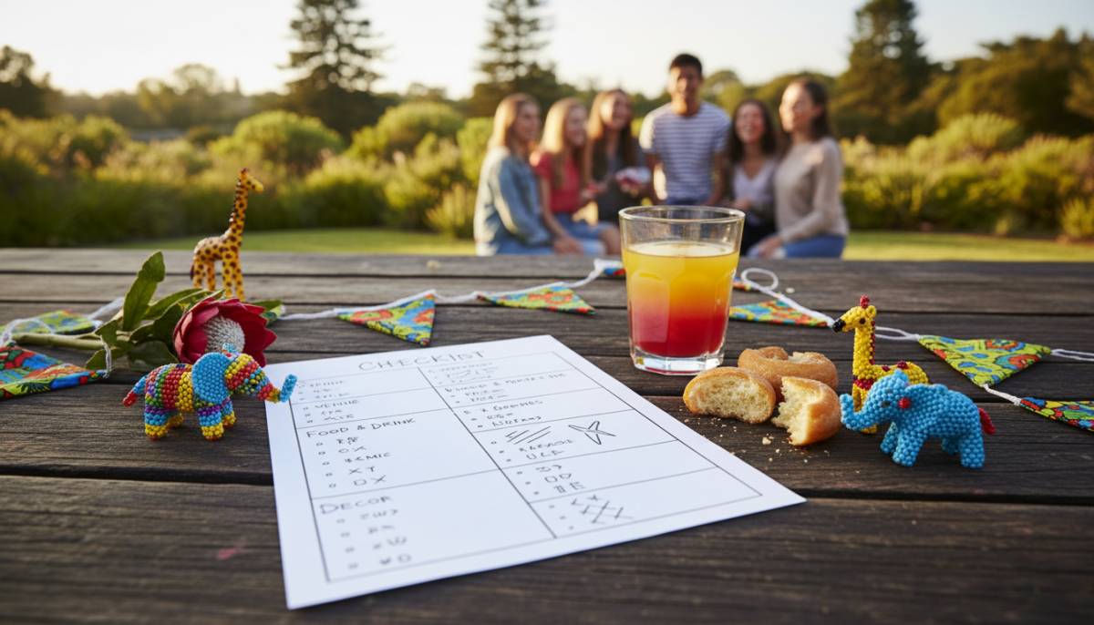 Party checklist with garden background.