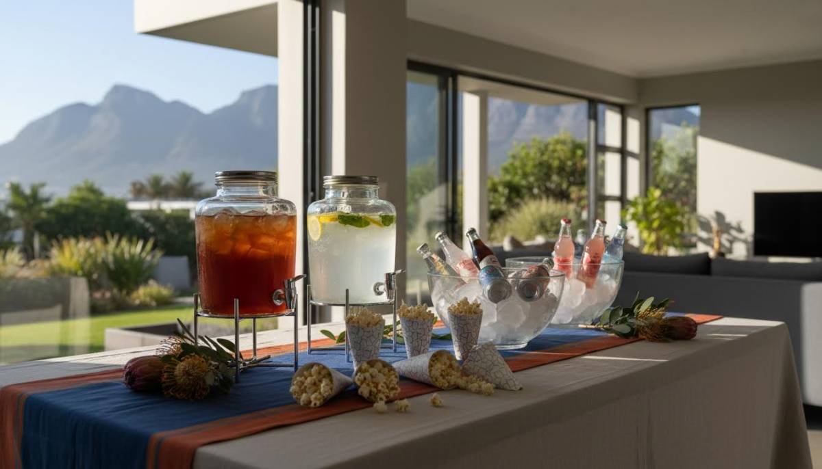 Welcome table with snacks and drinks in campus colours