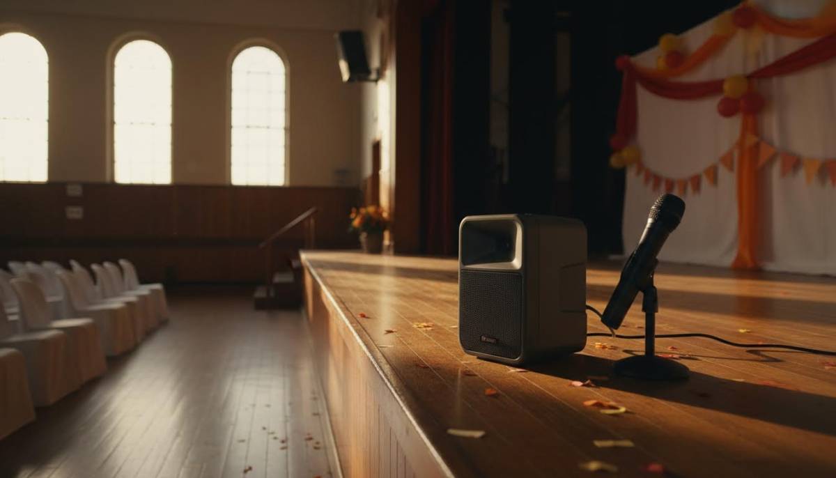 Speaker and microphone set up on a hall stage