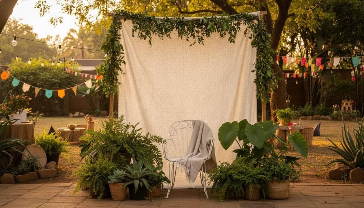 Photo backdrop with a chair and greenery