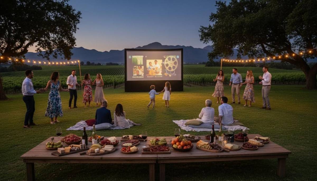 Outdoor cinema screen at a vow renewal celebration