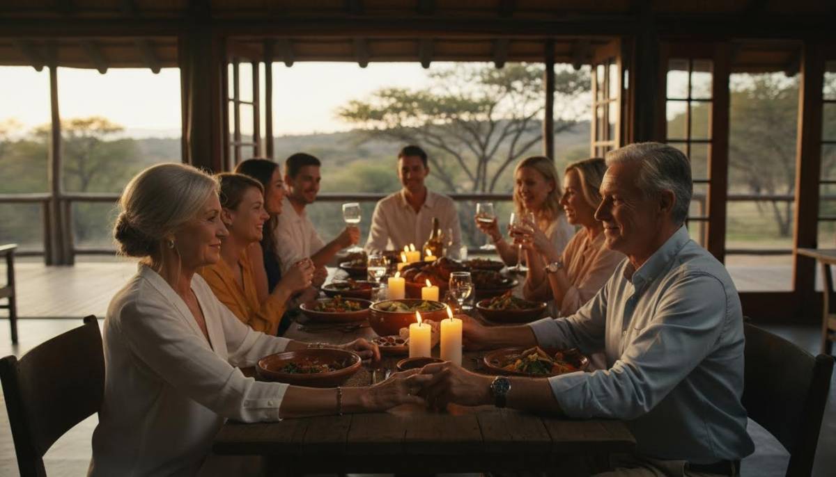 Couple at a warm vow renewal dinner
