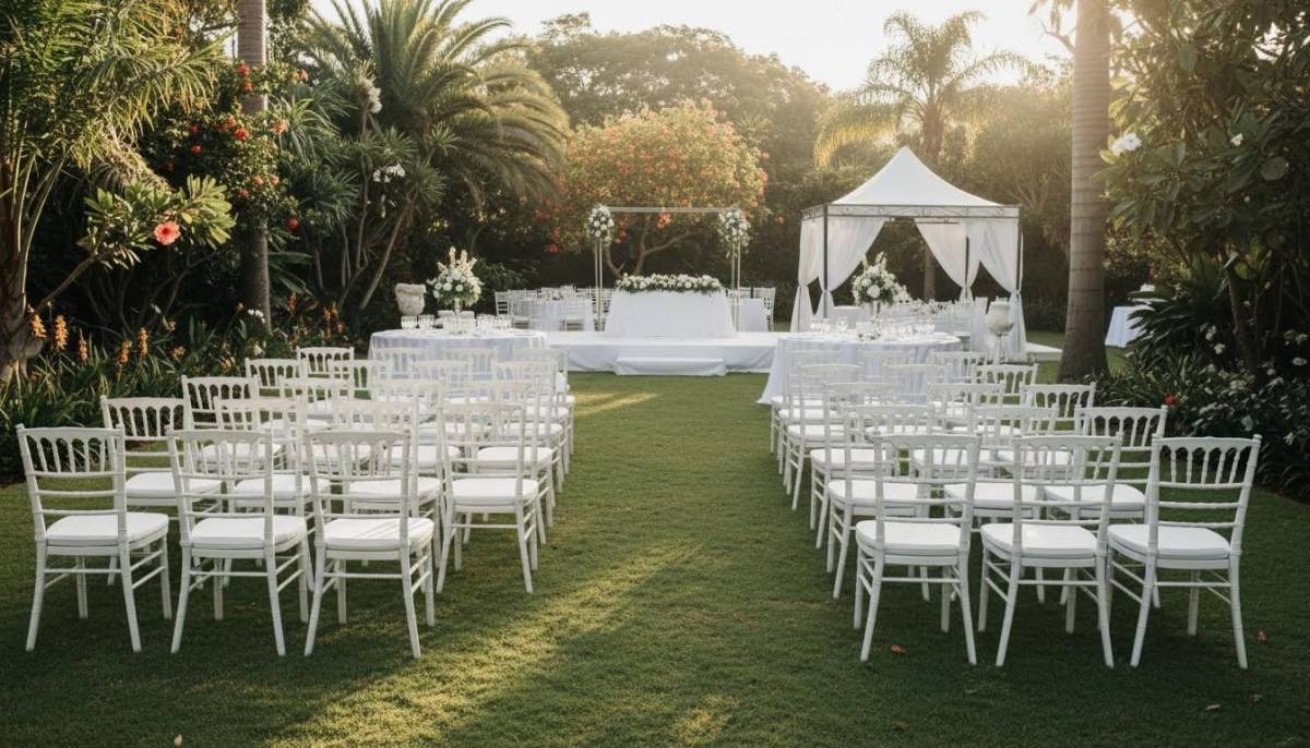 White chairs set for an outdoor vow renewal