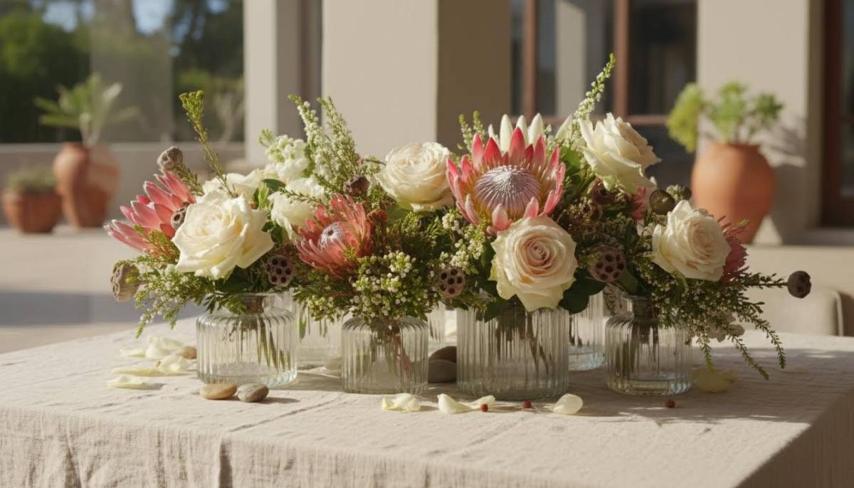 Low floral table centrepiece for vow renewal