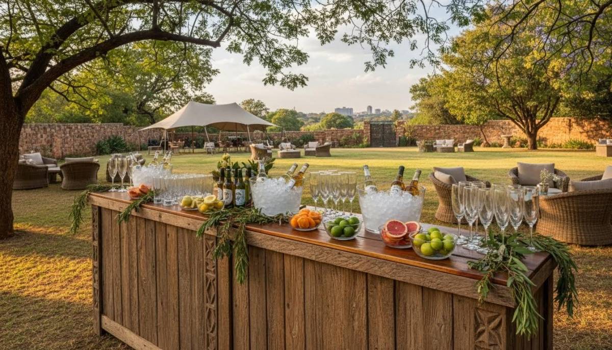 Rustic mobile bar setup for vow renewal
