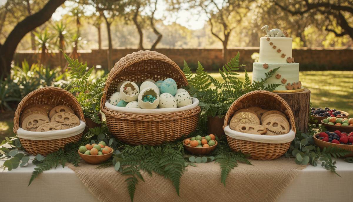 Baby dinosaur egg dessert table in a Johannesburg garden venue with soft afternoon light.