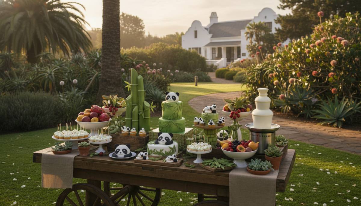 Baby panda bamboo café dessert table in a Cape Town garden venue.