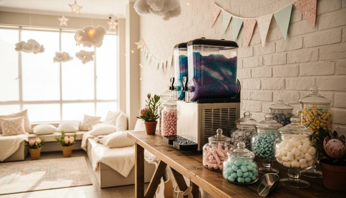 Galaxy slushy machine beside pastel candy jars in a Pretoria baby shower lounge.