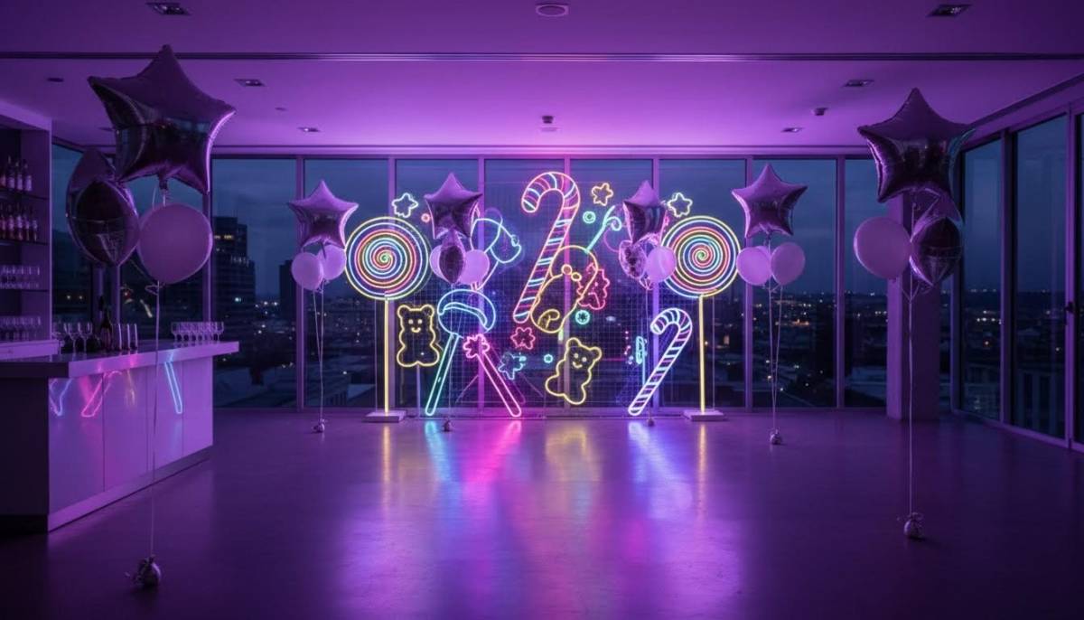 Neon candy backdrop with silver balloons in a Sandton event room.