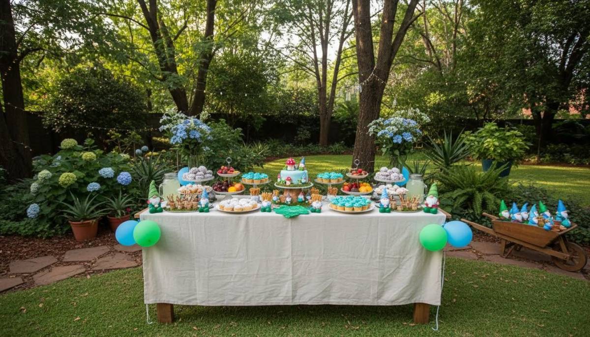 Garden gnome baby shower snack table with tiny doors and mushroom props.
