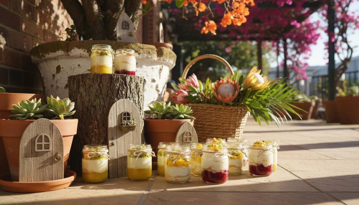 Tiny gnome doors and jam jar desserts arranged on a patio table.
