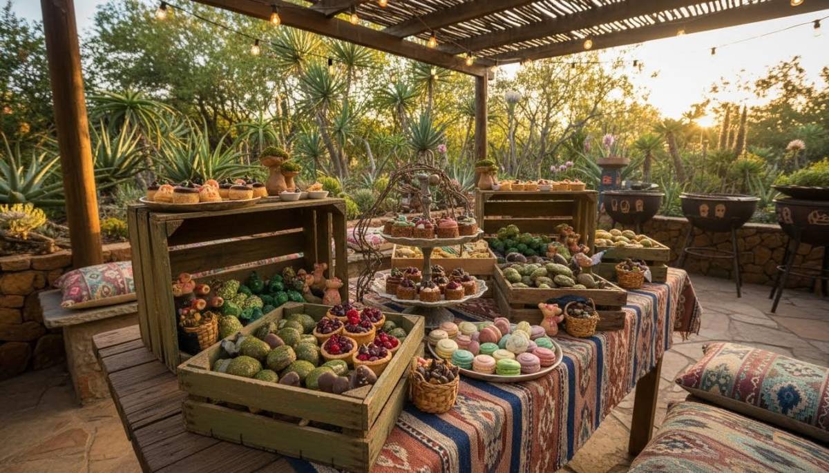 Baby goblin garden market dessert crates on a patio in warm afternoon light.