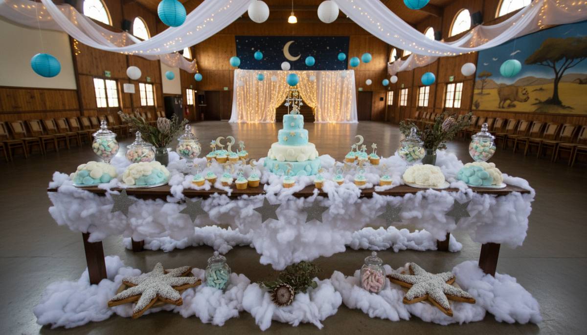Starry storybook cloud nursery dessert table in soft evening lighting.