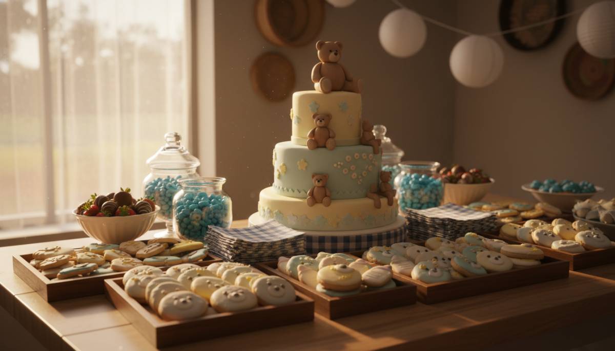 Teddy bear bakery dessert counter in a Cape Town café venue with warm window light.