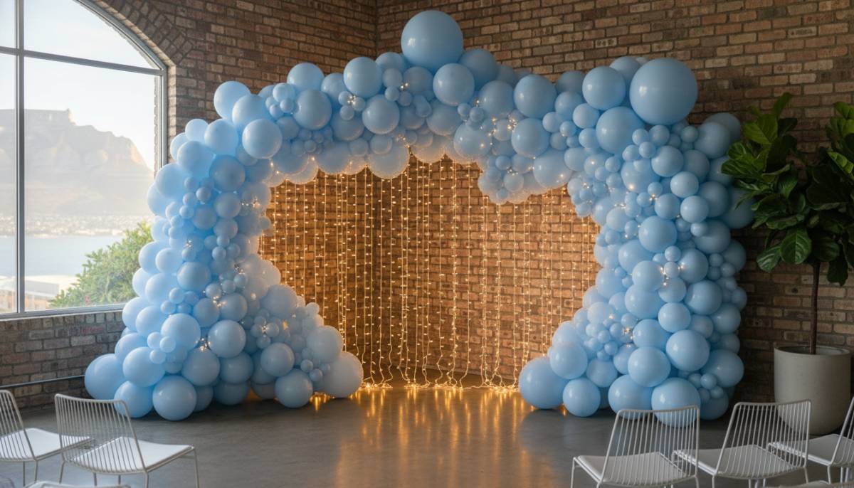 Soft blue balloon cloud backdrop with warm fairy lights.