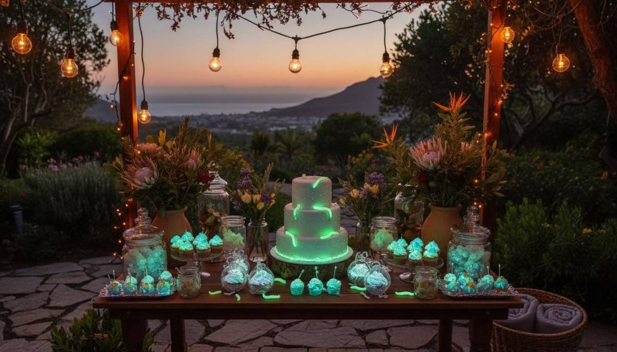 Glowworm baby shower dessert table in a garden venue with warm fairy lights.