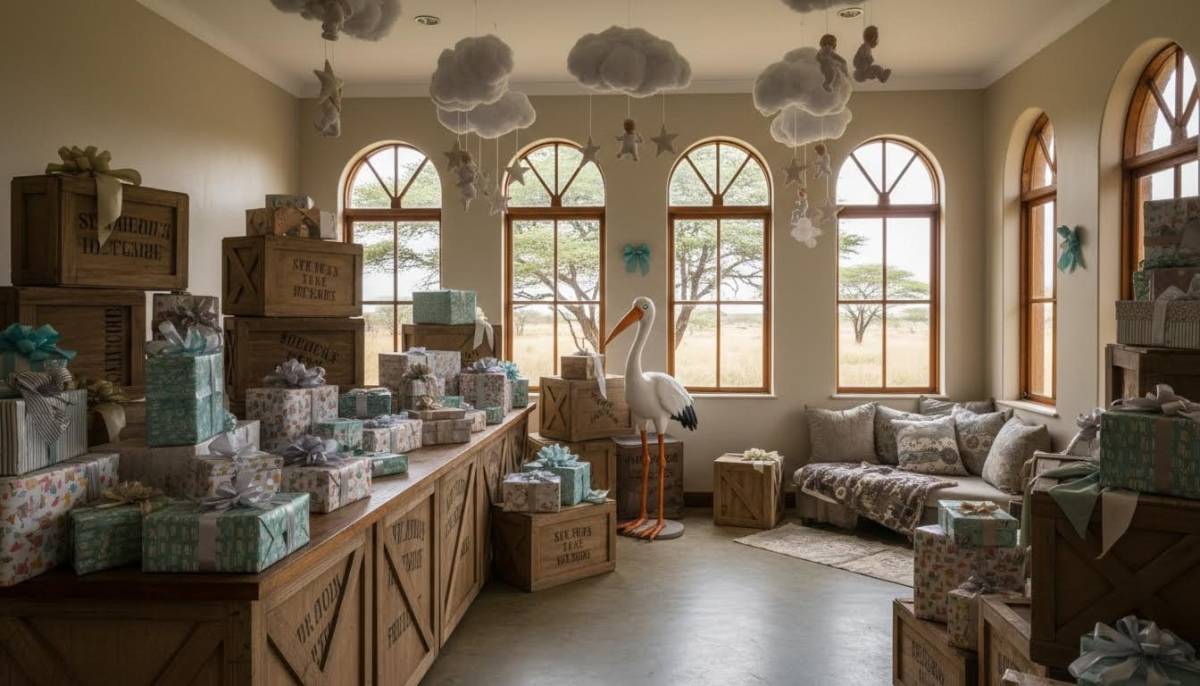 Storybook stork parcel depot baby shower setup in a clubhouse with soft daylight.
