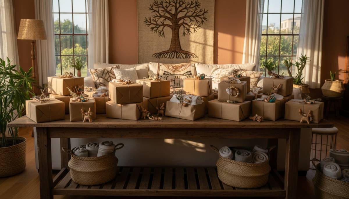 Baby bundle gift station with kraft boxes in a home lounge.