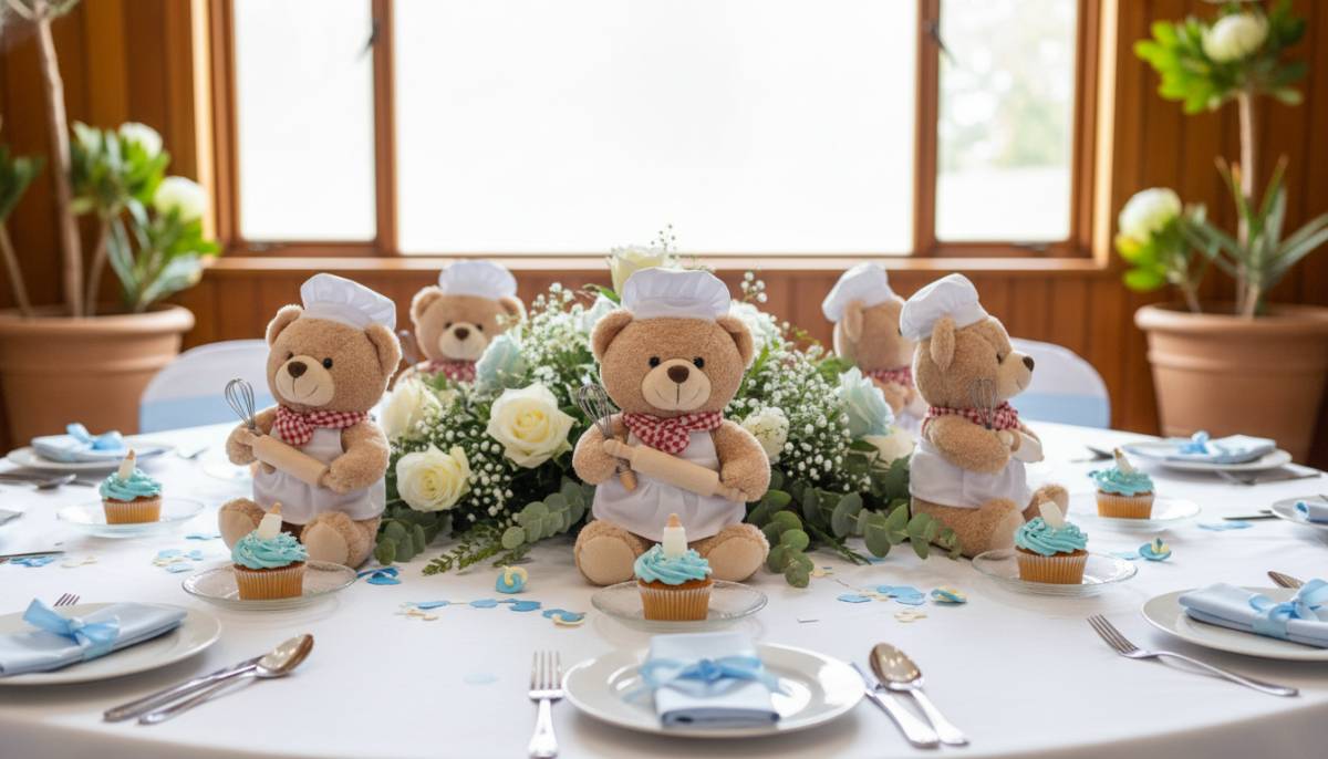 Teddy bear chef centrepieces on a baby shower table in a Pretoria clubhouse with soft indoor lighting.