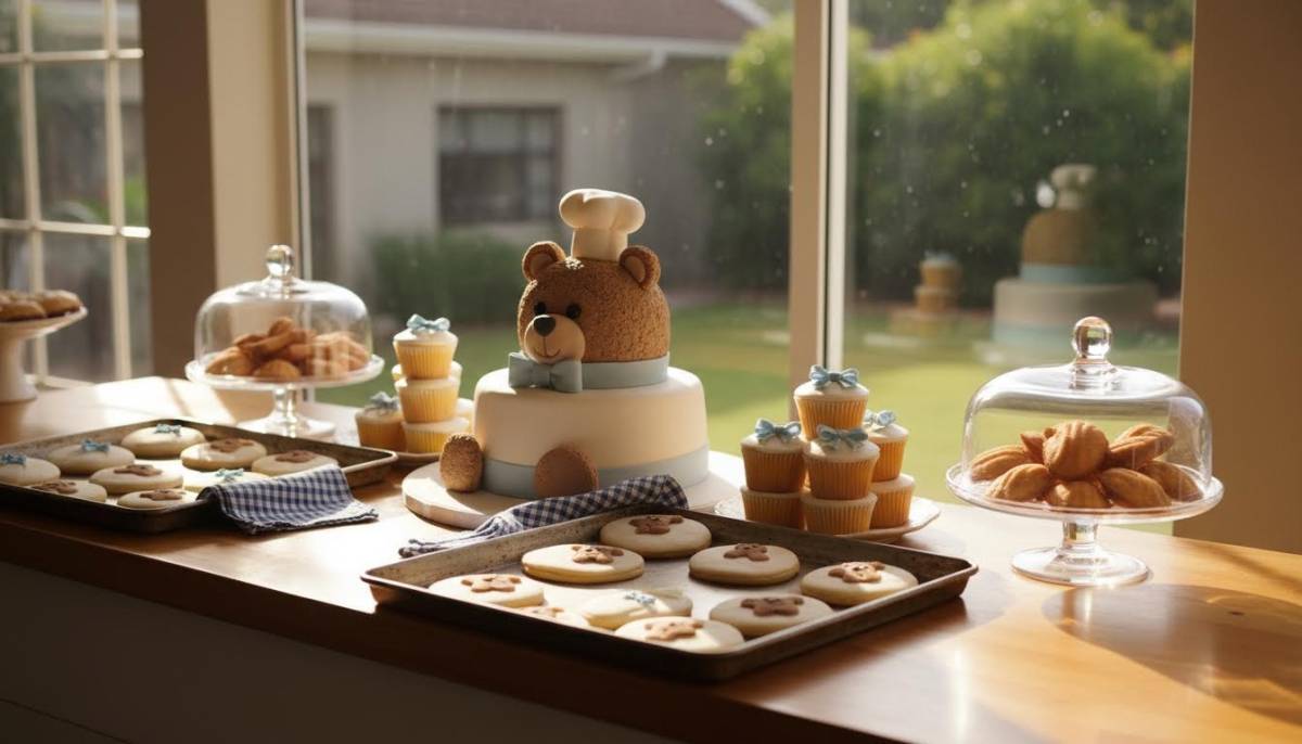 Cookie decorating station with teddy biscuits in a Durban home dining room with bright morning light.